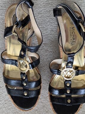 Michael Kors Black Leather MK Logo Cork Wedge Sandals